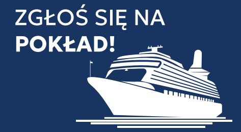 grafika ze grafiką promu i napisem ZGŁOS SIĘ NA POKŁAD